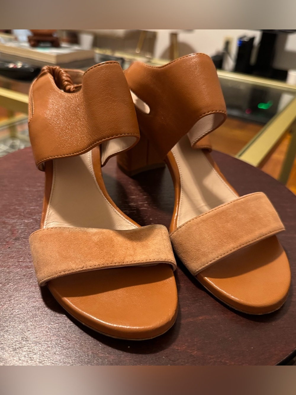 Stuart Weitzman Tan Leather and Suede Block Heel Sandals